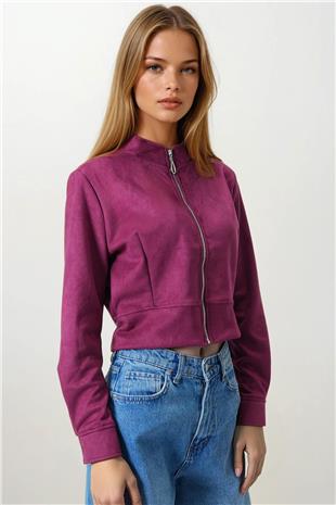 Kadın Bordo Fermuarlı Hakim Yaka Süet Dokulu Kısa Ceket VS00855