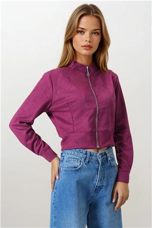 Kadın Bordo Fermuarlı Hakim Yaka Süet Dokulu Kısa Ceket VS00855