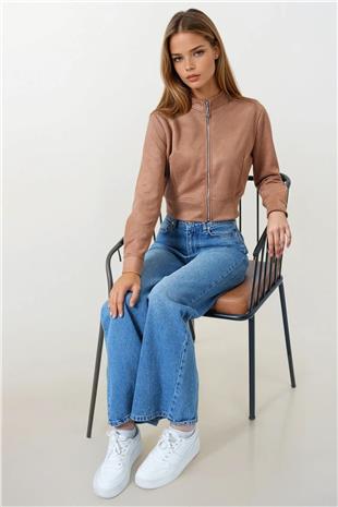 Kadın Taba Fermuarlı Hakim Yaka Süet Dokulu Kısa Ceket VS00855