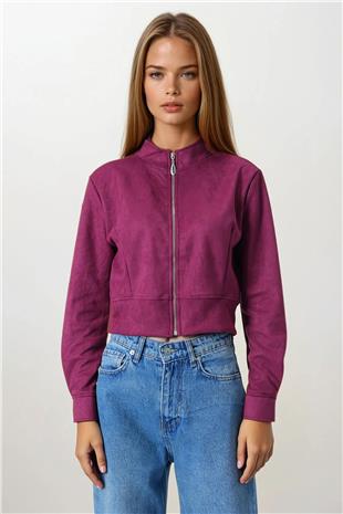 Kadın Bordo Fermuarlı Hakim Yaka Süet Dokulu Kısa Ceket VS00855