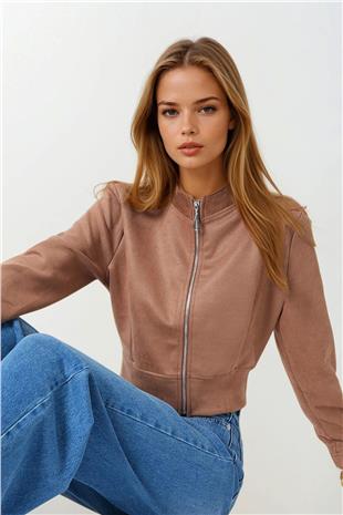 Kadın Taba Fermuarlı Hakim Yaka Süet Dokulu Kısa Ceket VS00855