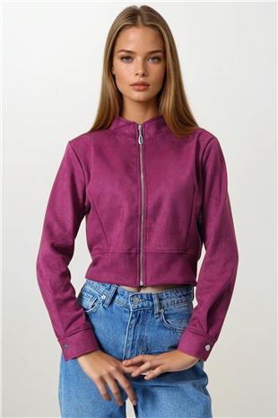 Kadın Bordo Fermuarlı Hakim Yaka Süet Dokulu Kısa Ceket VS00855