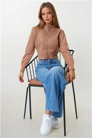 Kadın Taba Fermuarlı Hakim Yaka Süet Dokulu Kısa Ceket VS00855