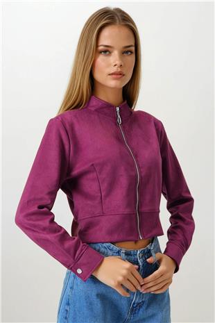 Kadın Bordo Fermuarlı Hakim Yaka Süet Dokulu Kısa Ceket VS00855