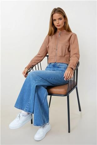 Kadın Taba Fermuarlı Hakim Yaka Süet Dokulu Kısa Ceket VS00855