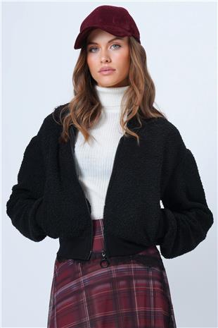 Kadın Siyah Fermuarlı Peluş Dokulu Kolu Ribanalı Ceket VS01335
