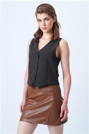 Kadın Taba Fileto Cep Ve Cikiş Detaylı Yandan Fermuarlı Suni Deri Etek VS01181