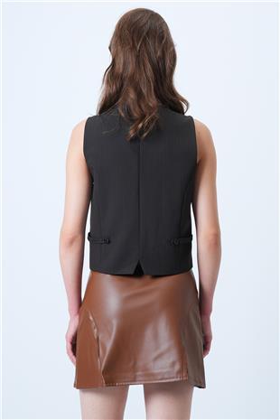 Kadın Taba Fileto Cep Ve Cikiş Detaylı Yandan Fermuarlı Suni Deri Etek VS01181