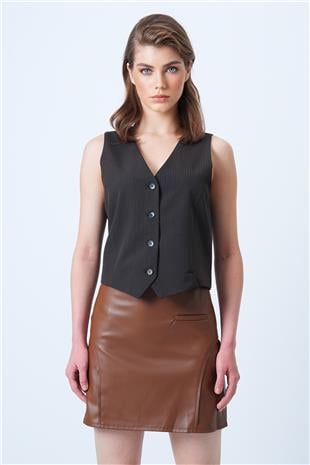 Kadın Taba Fileto Cep Ve Cikiş Detaylı Yandan Fermuarlı Suni Deri Etek VS01181