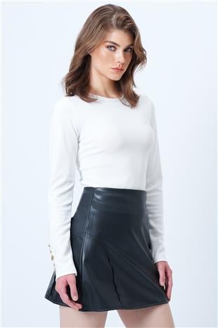 Kadın Siyah Fileto Cep Ve Cikiş Detaylı Yandan Fermuarlı Suni Deri Etek VS01181