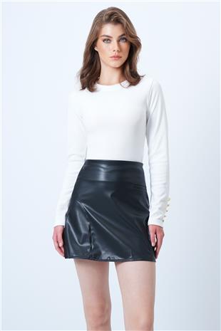 Kadın Siyah Fileto Cep Ve Cikiş Detaylı Yandan Fermuarlı Suni Deri Etek VS01181