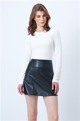 Kadın Siyah Fileto Cep Ve Cikiş Detaylı Yandan Fermuarlı Suni Deri Etek VS01181