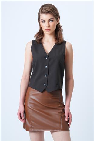 Kadın Taba Fileto Cep Ve Cikiş Detaylı Yandan Fermuarlı Suni Deri Etek VS01181