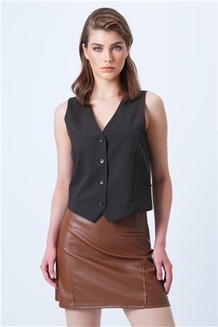 Kadın Taba Fileto Cep Ve Cikiş Detaylı Yandan Fermuarlı Suni Deri Etek VS01181