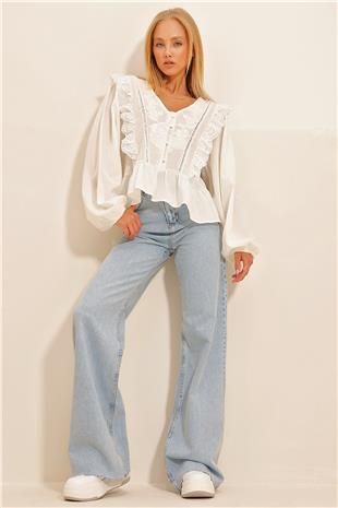 Kadın Ekru Fisto Nakış İşlemeli Dokuma Bluz ALC-X10736