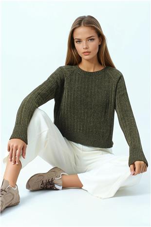 Kadın Haki Fitilli Kadife Dokulu Bisiklet Yaka Uzun Kollu Triko Kazak VS01050