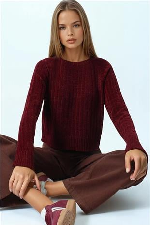 Kadın Bordo Fitilli Kadife Dokulu Bisiklet Yaka Uzun Kollu Triko Kazak VS01050