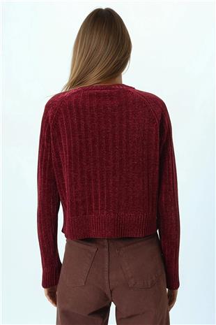 Kadın Bordo Fitilli Kadife Dokulu Bisiklet Yaka Uzun Kollu Triko Kazak VS01050