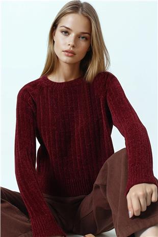 Kadın Bordo Fitilli Kadife Dokulu Bisiklet Yaka Uzun Kollu Triko Kazak VS01050