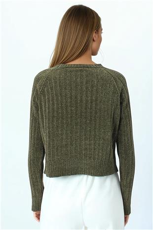 Kadın Haki Fitilli Kadife Dokulu Bisiklet Yaka Uzun Kollu Triko Kazak VS01050
