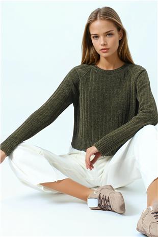 Kadın Haki Fitilli Kadife Dokulu Bisiklet Yaka Uzun Kollu Triko Kazak VS01050
