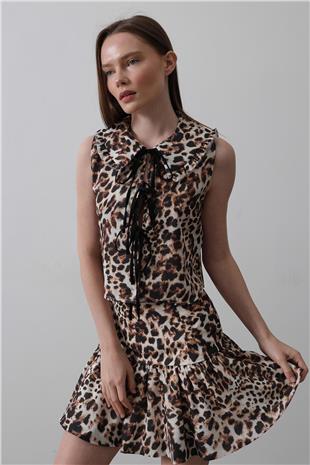 Kadın Leopar Fiyonk Detaylı Bluz VS00555