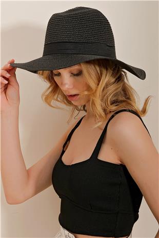 Fiyonk Detaylı Geniş Hasır Şapka - Siyah