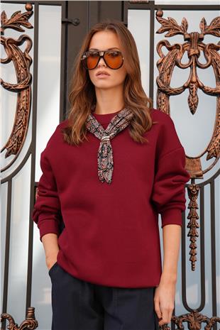 Kadın Bordo Fular Detaylı Bisiklet Yaka İçi Şardonlu Sweatshirt VS01217