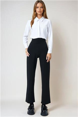 Kadın Siyah Geniş Kemerli Çift Cepli Palazzo Pantolon VS01028