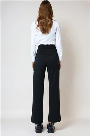 Kadın Siyah Geniş Kemerli Çift Cepli Palazzo Pantolon VS01028
