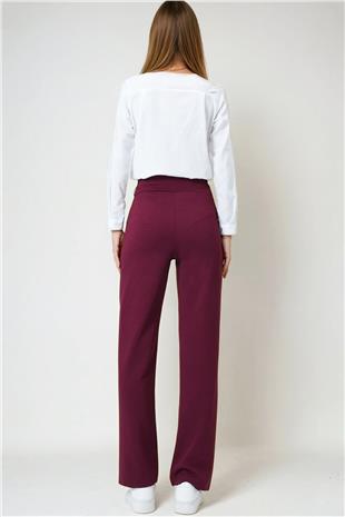 Kadın Bordo Geniş Kemerli Çift Cepli Palazzo Pantolon VS01028