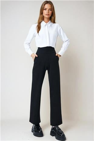 Kadın Siyah Geniş Kemerli Çift Cepli Palazzo Pantolon VS01028