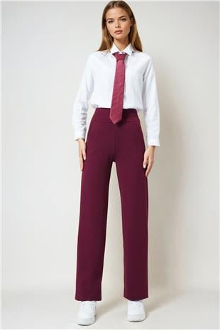 Kadın Bordo Geniş Kemerli Çift Cepli Palazzo Pantolon VS01028