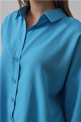 Kadın Turkuaz Geniş Manşet Detaylı Oversize Gömlek VS00543