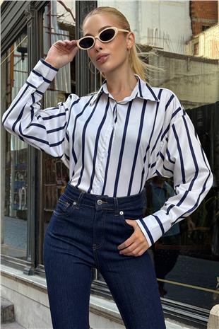 Kadın Lacivert Geniş Manşetli Çizgili Oversize Saten Gömlek VS00728