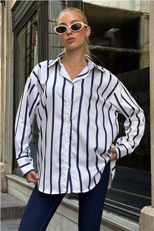 Kadın Lacivert Geniş Manşetli Çizgili Oversize Saten Gömlek VS00728