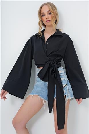 Kadın Siyah Geniş Manşetli Kol Detaylı Önü Bağlamalı Poplin Gömlek ALC-X13750