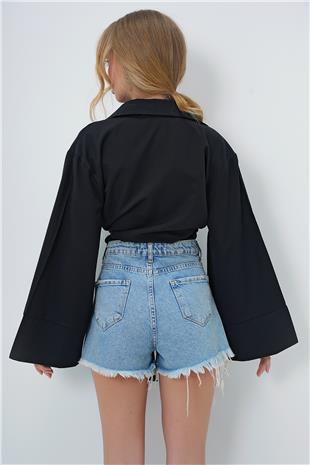 Kadın Siyah Geniş Manşetli Kol Detaylı Önü Bağlamalı Poplin Gömlek ALC-X13750