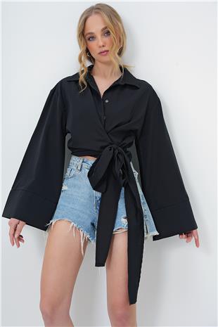 Kadın Siyah Geniş Manşetli Kol Detaylı Önü Bağlamalı Poplin Gömlek ALC-X13750