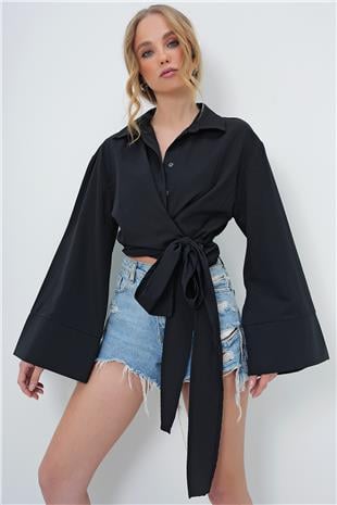 Kadın Siyah Geniş Manşetli Kol Detaylı Önü Bağlamalı Poplin Gömlek ALC-X13750