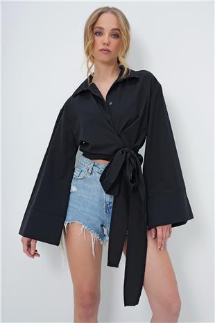 Kadın Siyah Geniş Manşetli Kol Detaylı Önü Bağlamalı Poplin Gömlek ALC-X13750