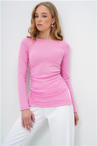 Kadın Pembe Geniş Yaka Drapeli Yırtmaçlı Bluz ALC-X13670