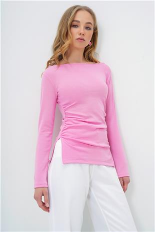 Kadın Pembe Geniş Yaka Drapeli Yırtmaçlı Bluz ALC-X13670