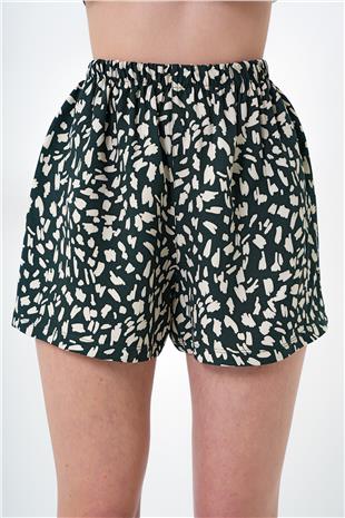 Kadın Ceviz Yeşili Geometrik Desenli Önü Düğmeli Dokuma Gömlek Ve Şort Pijama Takım PJM-X13889