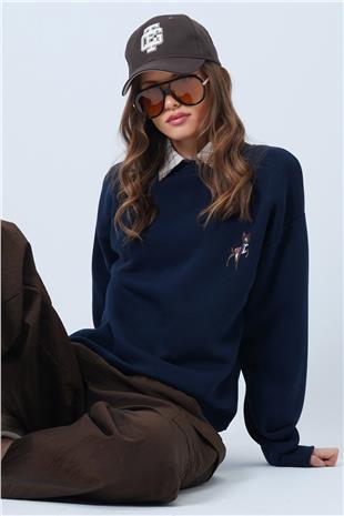 Kadın Lacivert Geyik Nakışlı 3 İplik Sweatshirt VS01320