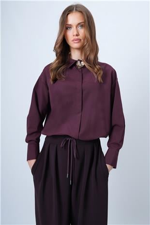 Kadın Mürdüm Gizli Patlı Poplin Gömlek VS01316