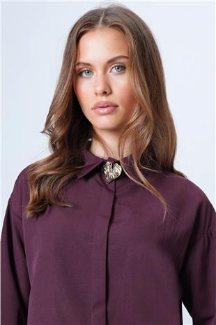 Kadın Mürdüm Gizli Patlı Poplin Gömlek VS01316