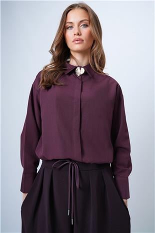 Kadın Mürdüm Gizli Patlı Poplin Gömlek VS01316