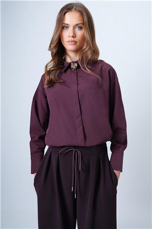 Kadın Mürdüm Gizli Patlı Poplin Gömlek VS01316