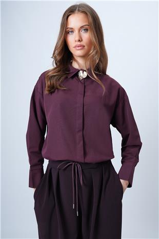 Kadın Mürdüm Gizli Patlı Poplin Gömlek VS01316